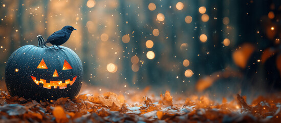 Happy Halloween banner or party invitation background with clouds, bats and pumpkins in paper cut style. Vector illustration. Full moon in orange sky, spiders web and witch cauldron. Place for text