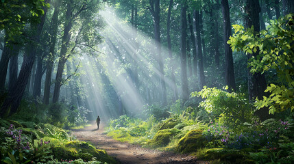 Obraz premium morning in the forest, Hiking in the beautiful natural forest