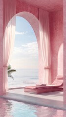 Surreal architecture with arched window,curtain,pink concrete walls, pool with couch,interior design of empty space,Imaginary fictional minimalistic interior with a view of sea,building space.