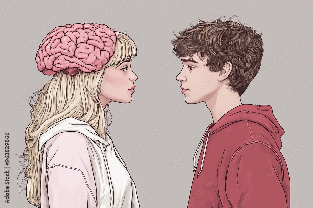Poster neuronal implants brain connectivity sketch style illustration of a young couple with brain elements