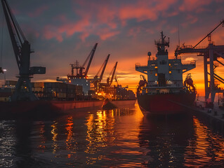 Fototapeta premium Cargo ship with containers unloading at the berth of the cargo port. Neural network AI generated art