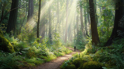 Obraz premium morning in the forest, Hiking in the beautiful natural forest