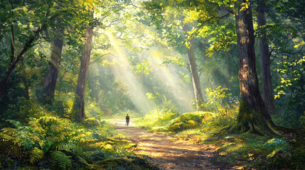 Fototapeta premium morning in the forest, Hiking in the beautiful natural forest