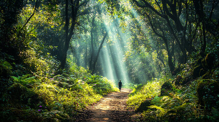 Obraz premium morning in the forest, Hiking in the beautiful natural forest