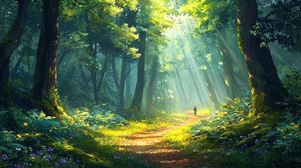 Obraz premium morning in the forest, Hiking in the beautiful natural forest