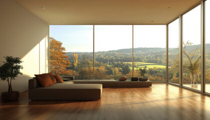 A modern, minimalist living room with large windows showcasing a scenic autumn landscape.