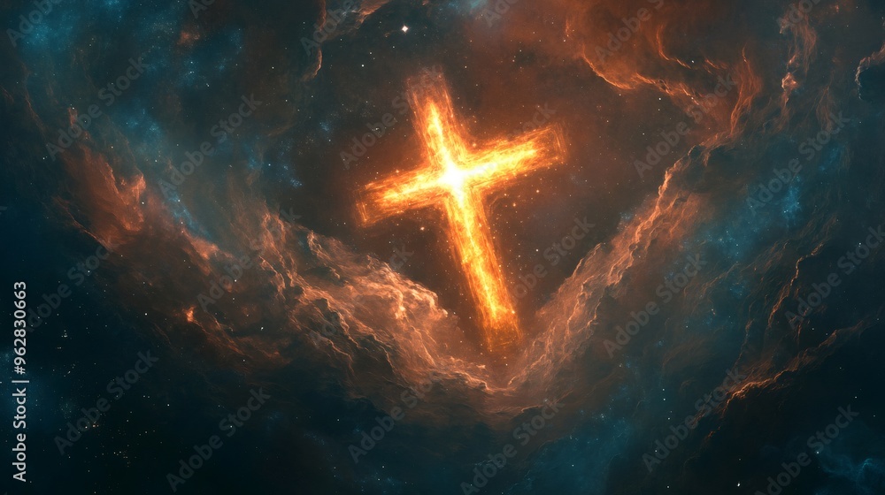 Poster a fiery cross shines brightly in a deep space nebula with swirling gas clouds and distant stars.