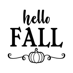 Logo con texto manuscrito hello fall con silueta de calabaza con florituras para su uso en felicitaciones y tarjetas © teracreonte