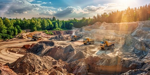 natural mining activity in the middle of the forest with contractors and big yellow trucks with...