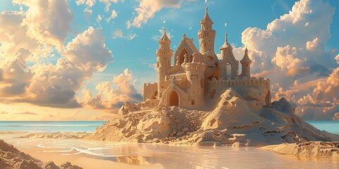 Landscape summer vacation holiday travel ocean sea background panorama - Close-up of sand castle on the beach, sunshine