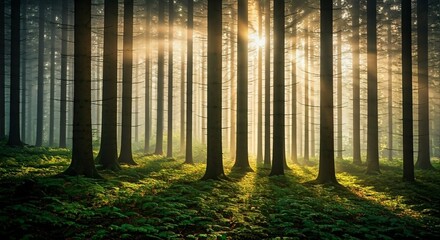 Obraz premium A misty forest at dawn with sunlight filtering through the trees