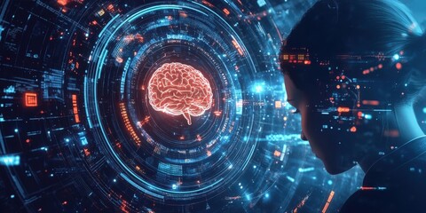 Obraz premium Abstract technology ui futuristic human medical hud interface hologram elements of digital data chart, DNA,Fingerprint,Brain computing circle vitality innovation on hi tech future design background