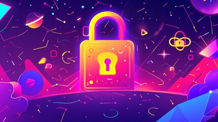 A vivid and colorful digital lock surrounded by dynamic cosmic elements. The neon hues and abstract shapes create an engaging and modern visual, perfect for technology and security-themed projects.