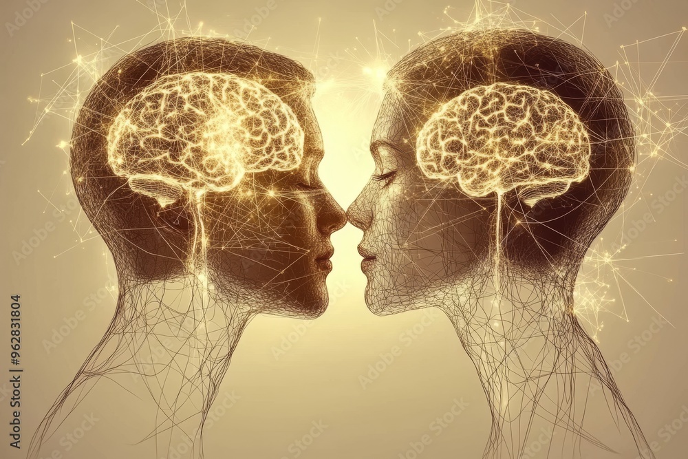 Aufkleber neural implant cognitive interface golden hued digital art of two brains intertwined with illuminate