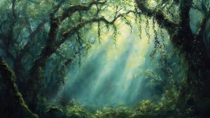 Enchanted Mystical Forest Landscape with Ethereal Sunlight Piercing Lush Verdant Undergrowth