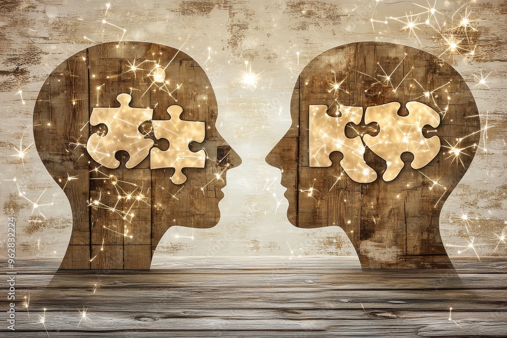 Poster neuroprosthetics cognitive interface sepia toned silhouettes of two heads with puzzle pieces represe
