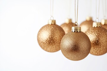 Shimmering holiday ornaments hanging from cords, set on a light background, perfect for seasonal decoration inspiration