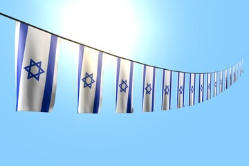 beautiful day of flag 3d illustration. - many Israel flags or banners hangs diagonal on string on blue sky background with soft focus