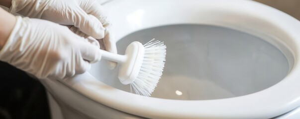 Gloved hands cleaning a toilet bowl with a brush, photo-realistic detail, toilet hygiene, germ prevention concept