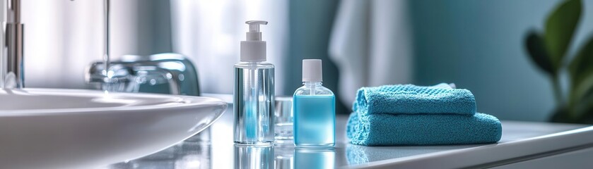 Hand sanitizer and disinfectant bottles on a clean bathroom sink, germ prevention, bathroom hygiene routine