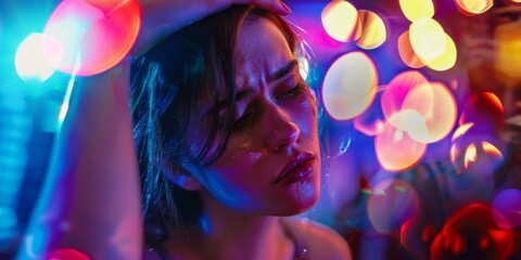 illustration of a woman dizzy or drunk drinking alcohol, night club