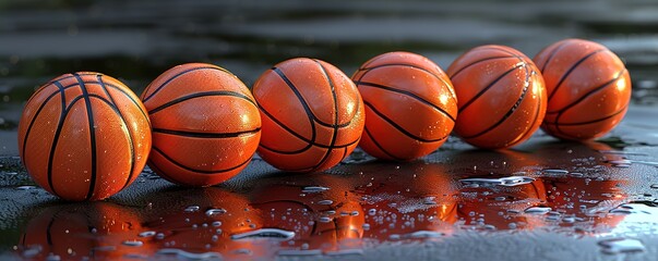A row of six orange basketballs lay in a puddle of water. The balls are wet, and their reflections can be seen in the water.