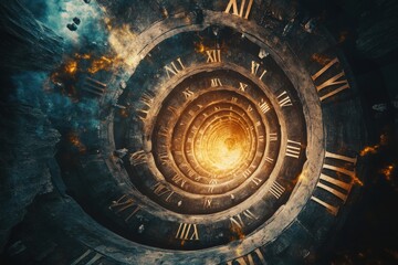 Fototapeta premium A stunning digital art piece representing a spiraling time vortex with roman numerals and cosmic elements, symbolizing infinity.Perfectly usable for all kind of topics related to time and history