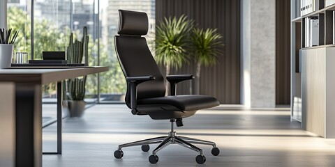 Modern black office chair with headrest on wheels in a minimalist office with wood floor.