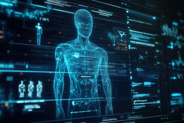 AI-driven health network, holographic diagnostics, global data sharing platform, sleek futuristic visuals