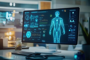 Futuristic global health platform, holographic data sharing, AI-driven patient care, virtual doctors