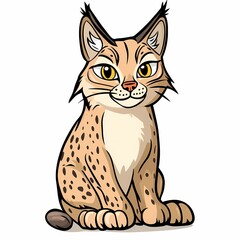Obraz premium A cartoon illustration of a cute, brown and white lynx with yellow eyes sitting with its paws tucked in front of it.