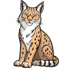 Obraz premium A cartoon lynx with brown fur, white chest and a ringed tail sits in front of a white background, looking directly at the viewer.