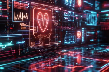 Global health data grid, neon holographic diagnostics, futuristic digital network, AI-driven healthcare