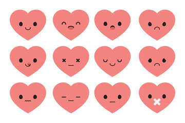 Set of cute pink heart cartoon characters. Flat design illustration.	