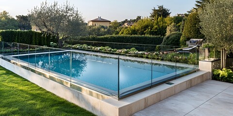 A modern swimming pool with a glass fence and a stone deck, surrounded by lush green landscaping.