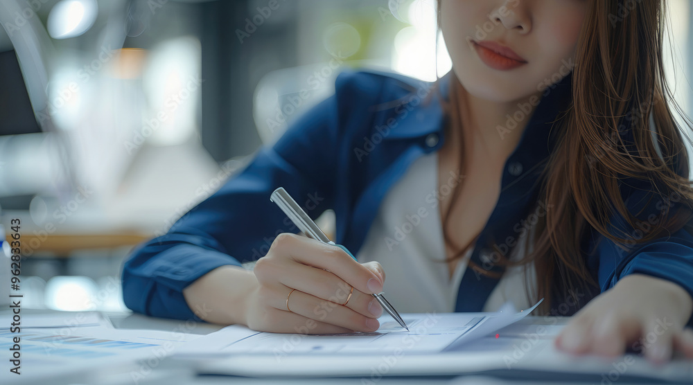 Poster asian woman hand use pen to write and check about progress or procedure of strategy and resolve for 