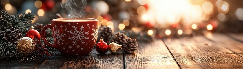 High-Resolution 3D Christmas Coffee Scene, Showcasing Holiday-Themed Mug, Coffee Steam, and Decorative Details