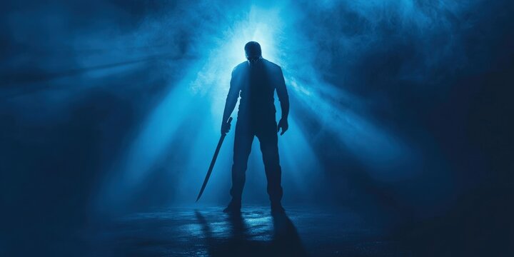 Gloomy maniac silhouette with long knife in rays of dim light. Dark spirit of terror ready to hunt. Evil ghost in creepy fog. Horror fantasy 2D illustration. Spooky clipart. Blue and black background
