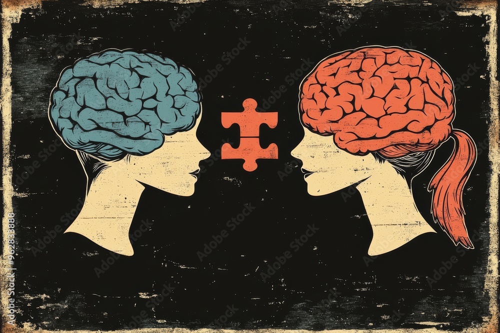 Poster neurointerface cognitive interface vintage illustration of two profiles with puzzle brains represent