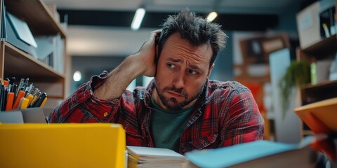 Sad dismissed worker taking his office supplies with him