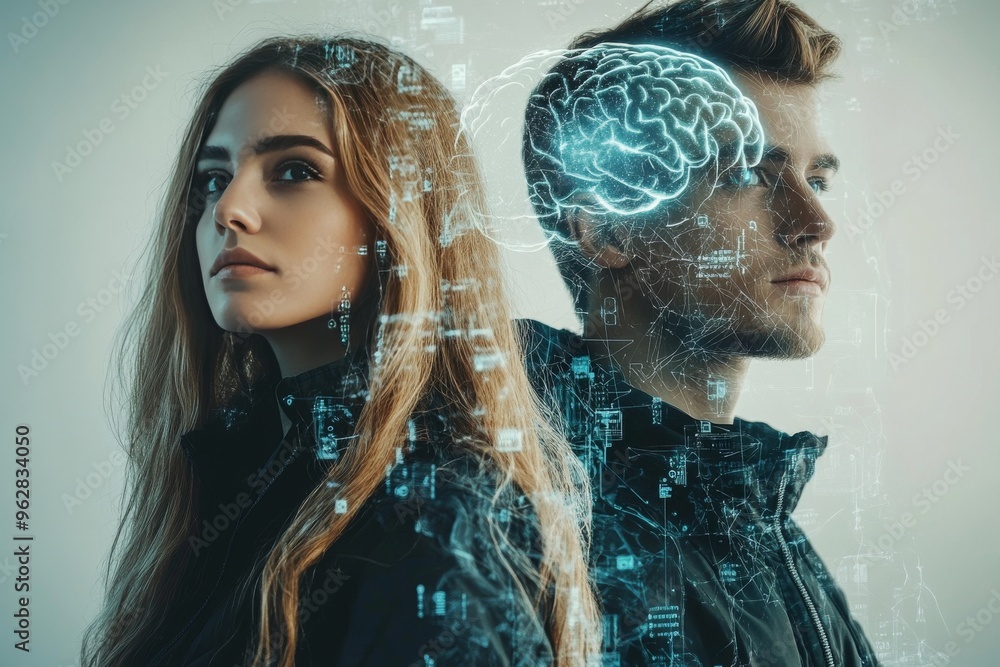 Poster future brain technology cognitive interface futuristic depiction of a man and woman with neural conn