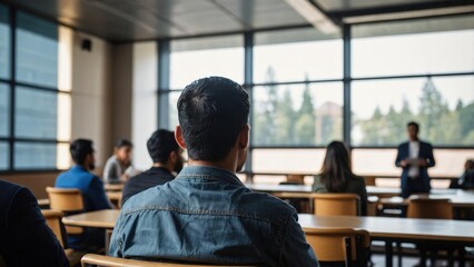 Rear view of participants audience with blurred speaker giving presentation in bright university workshop lecture hall background. Scientific conference presentation event, training, meeting