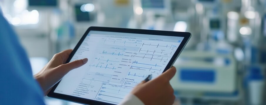 Close-up of hands reviewing a healthcare project plan on a tablet, hospital setting in the background, medical project, task management