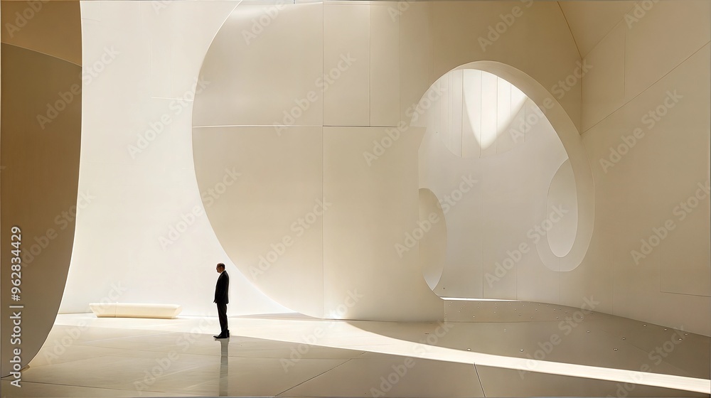 Poster man in modern minimalist architectural space with large curved structures and soft lighting