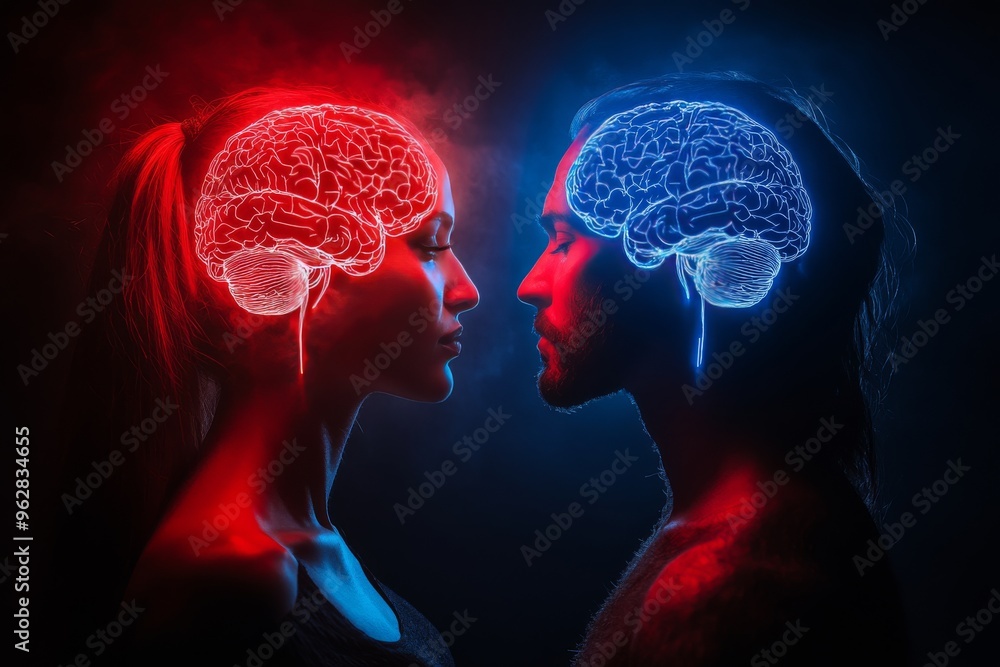 Poster mind machine interface cognitive interface neon lit illustration of two brains glowing in red and bl