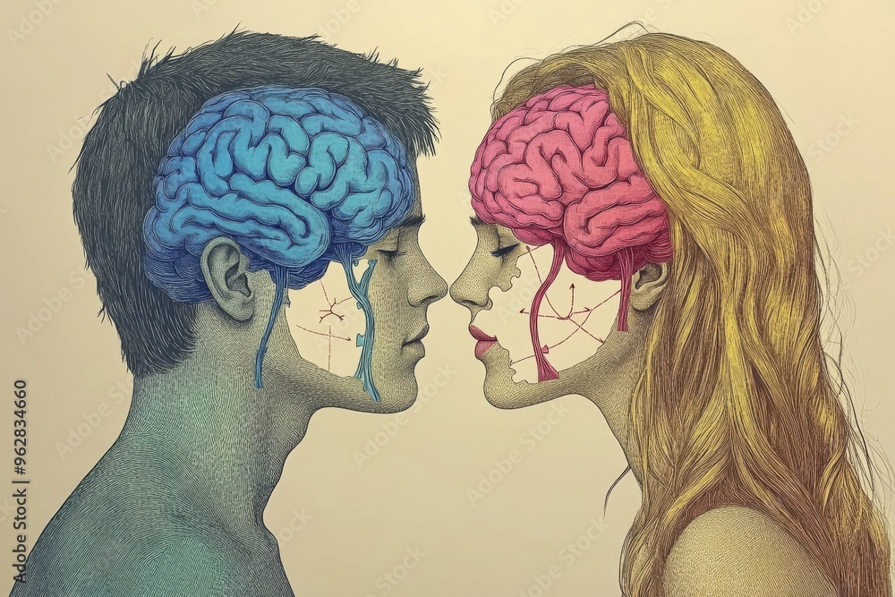 Poster cognitive gear cognitive interface grayscale illustration of two brains facing each other colored in