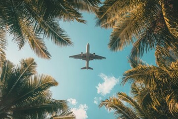 Captivating view from below as a plane flies overhead, framed by the lofty palms against a clear blue sky, evoking a sense of travel and adventure