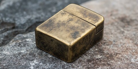 Brass box on a textured rock.