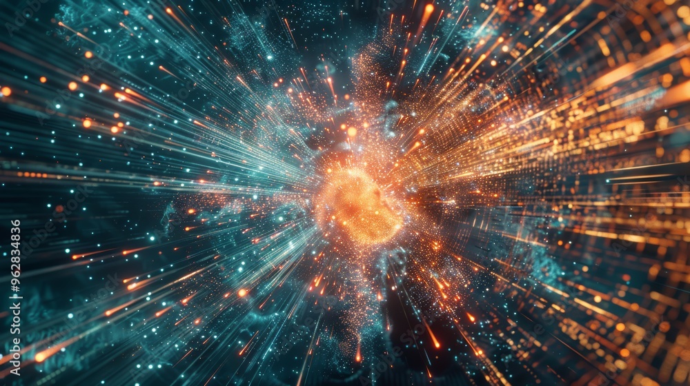 Poster photo of digital particle explosion on abstract technology background. quantum core, computer networ