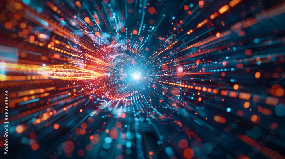 Poster photo of digital particle explosion on abstract technology background. quantum core, computer networ